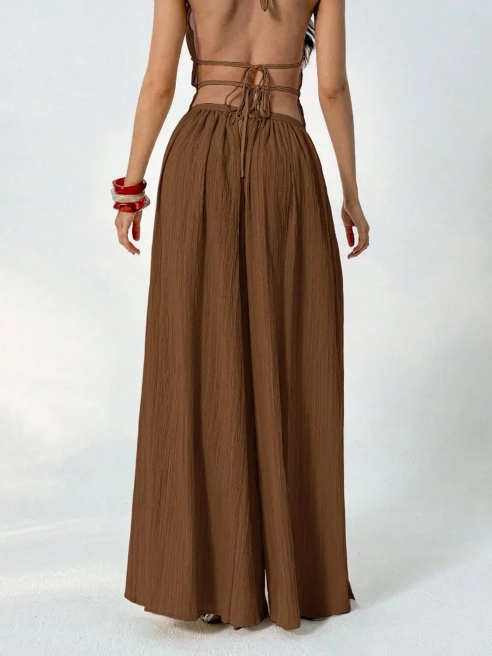 Brown Casual Women's Loose Textured Pants - Picture 2 of 7